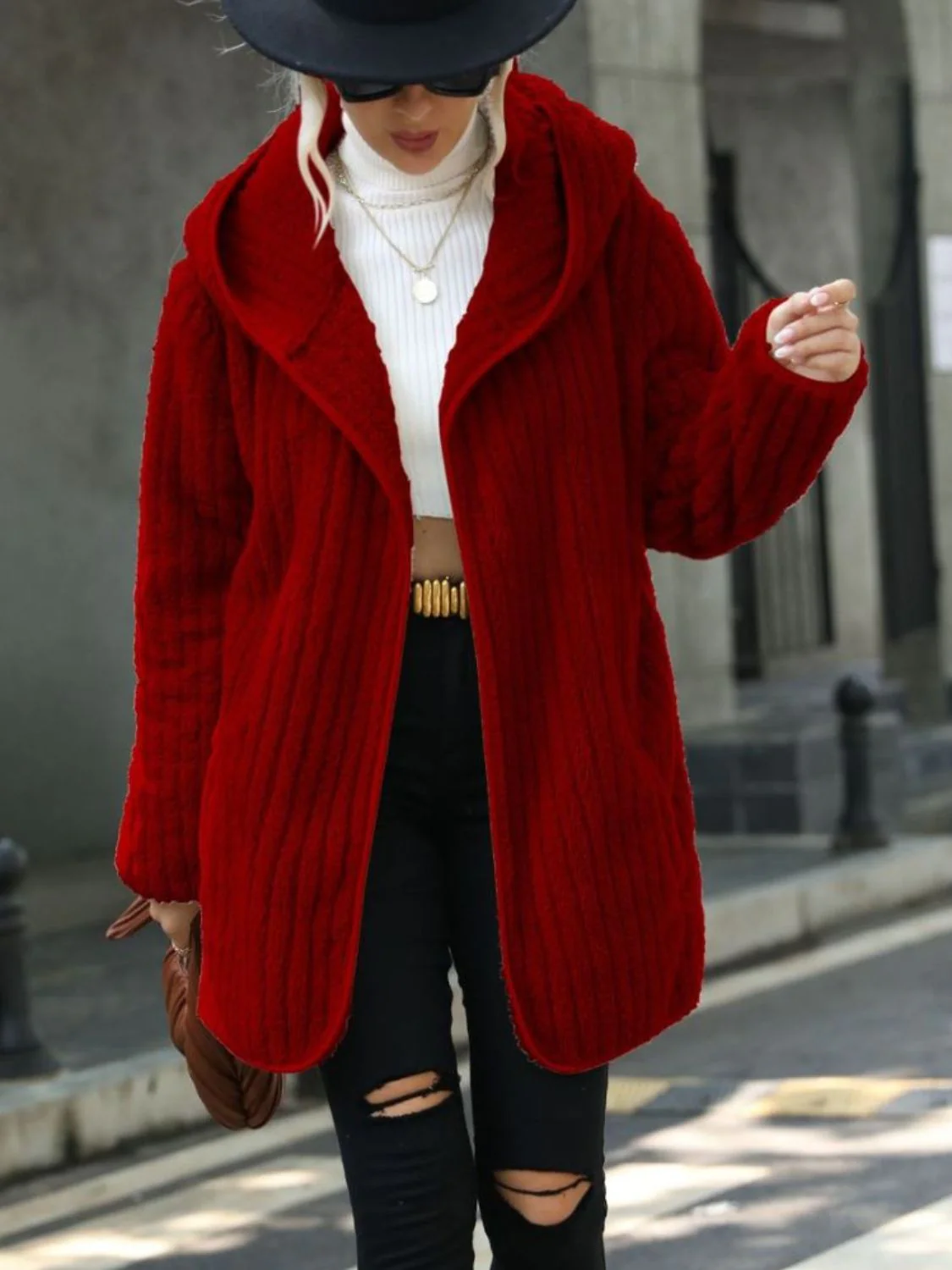 Open Front Ribbed Hooded Coat - Image 4