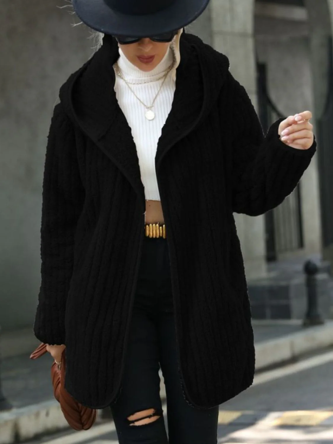 Open Front Ribbed Hooded Coat - Image 7