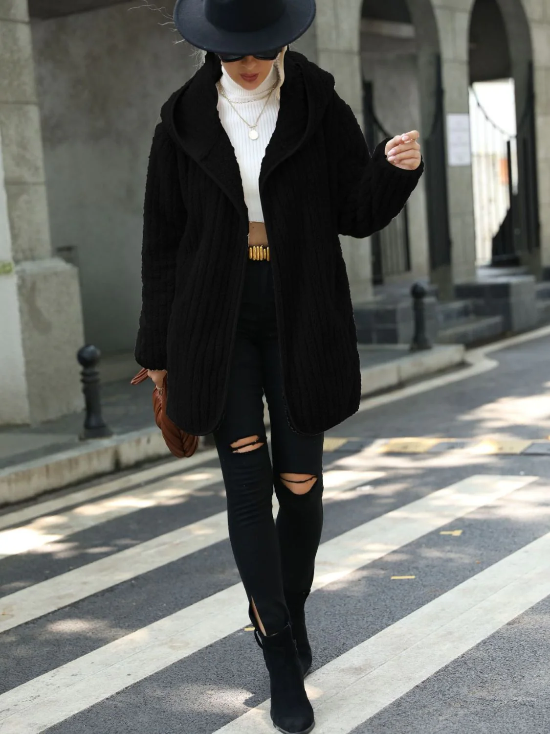 Open Front Ribbed Hooded Coat - Image 9