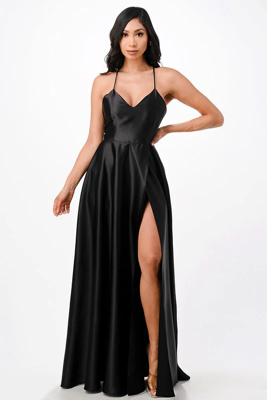 open side back spaghetti zig zag tie satin gown - Image 12