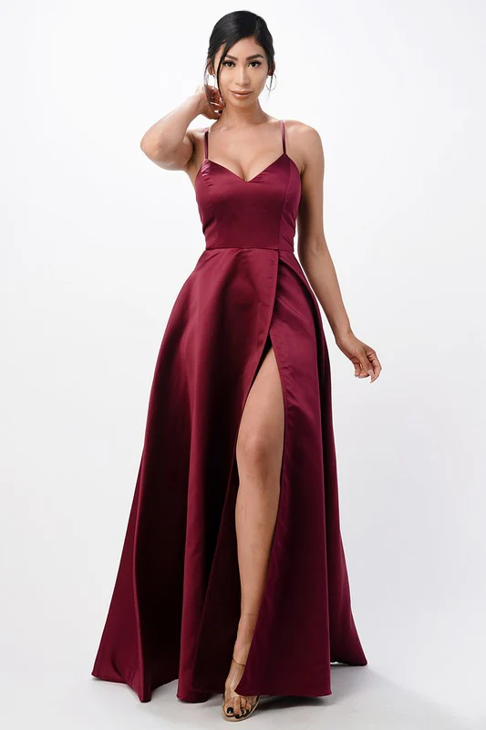 open side back spaghetti zig zag tie satin gown - Image 5