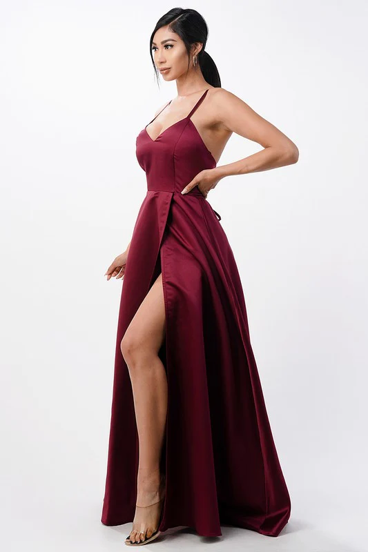 open side back spaghetti zig zag tie satin gown - Image 6