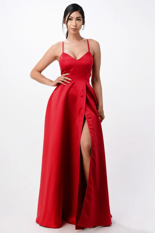 open side back spaghetti zig zag tie satin gown - Image 7
