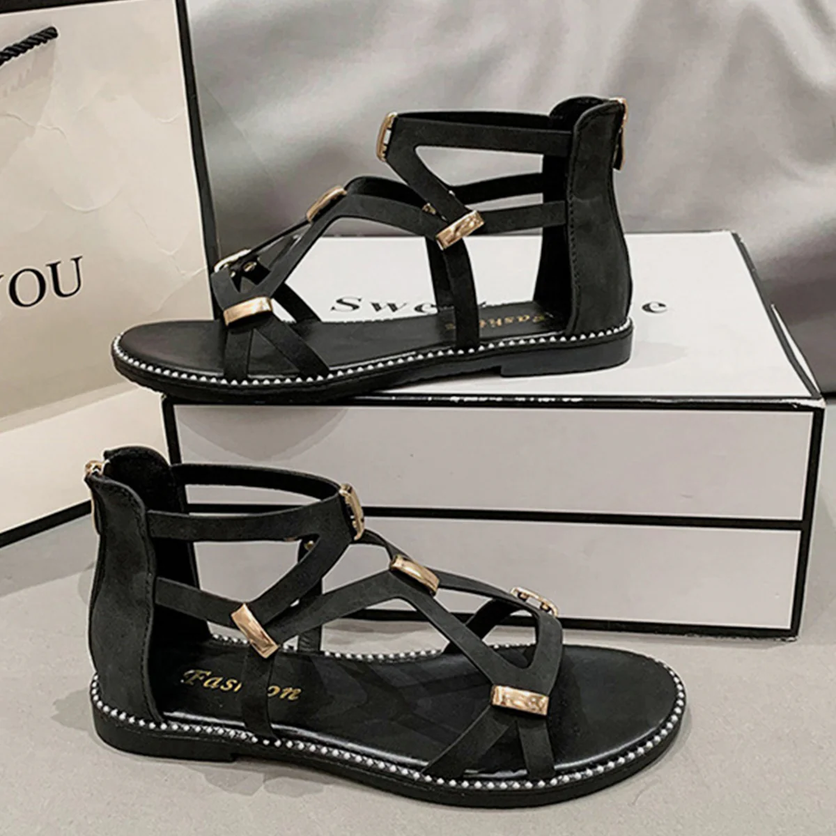 Open Toe Back Zipper Flat Sandals - Image 6