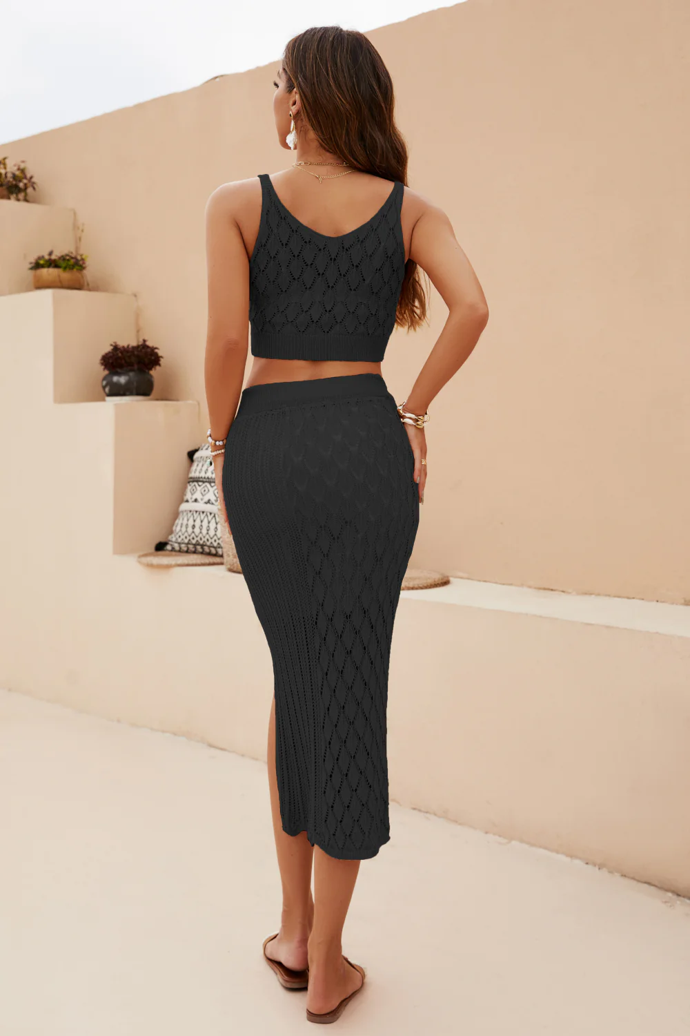 Openwork Cropped Tank and Split Skirt Set - Image 12