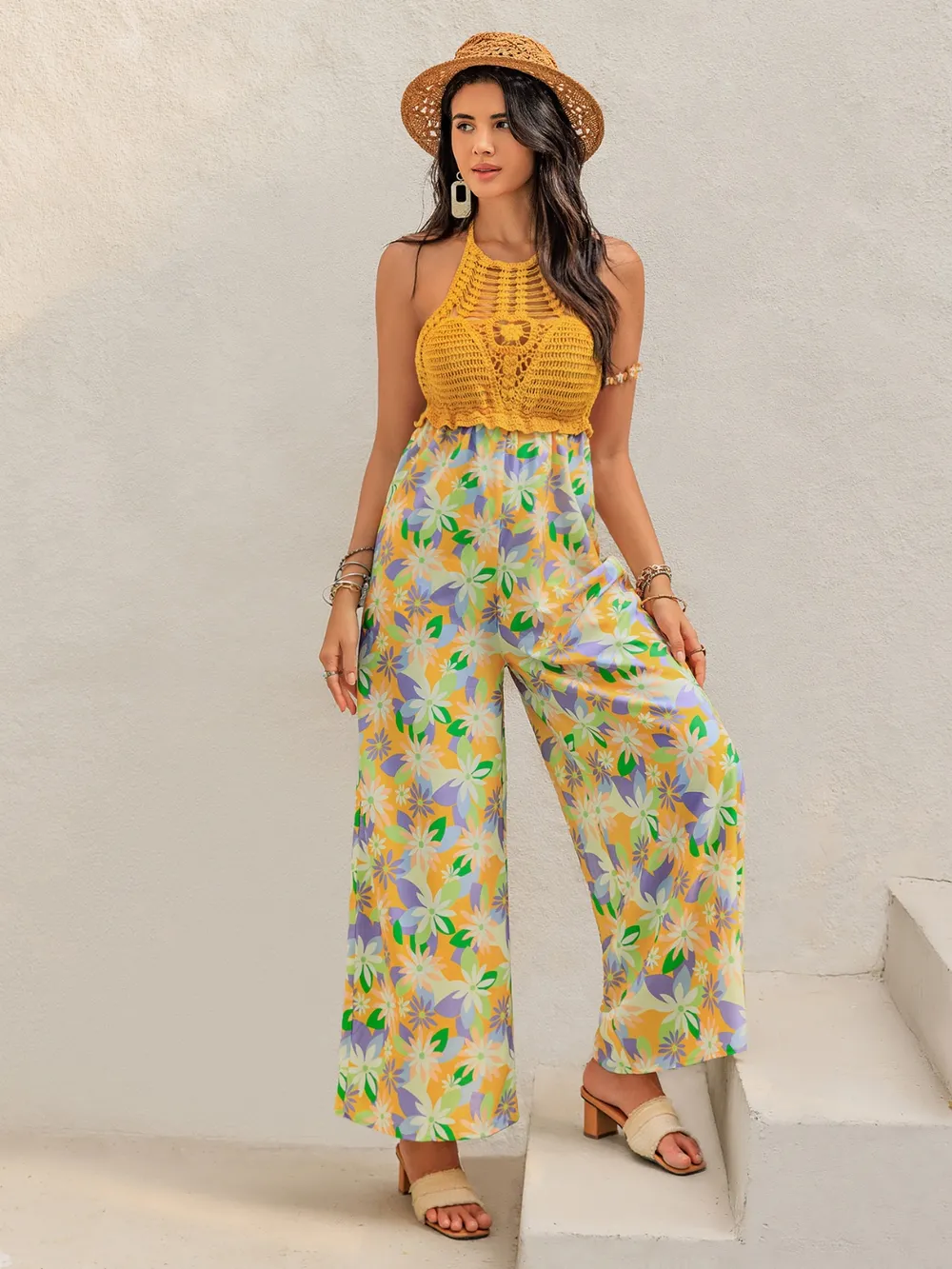 Openwork Halter Neck Floral Wide Leg Jumpsuit - Image 2