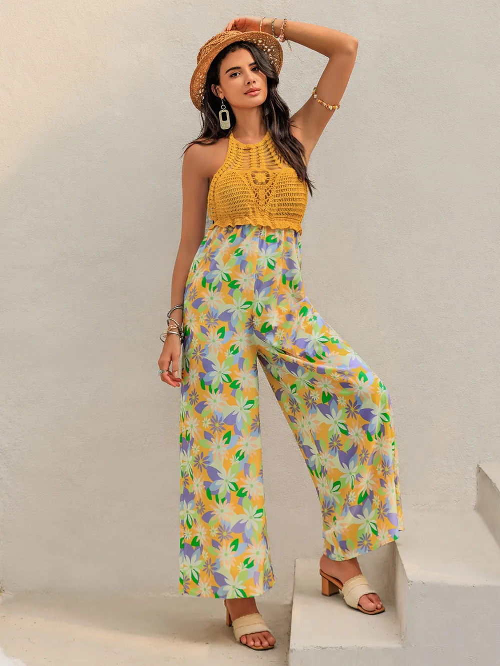 Openwork Halter Neck Floral Wide Leg Jumpsuit - Image 5