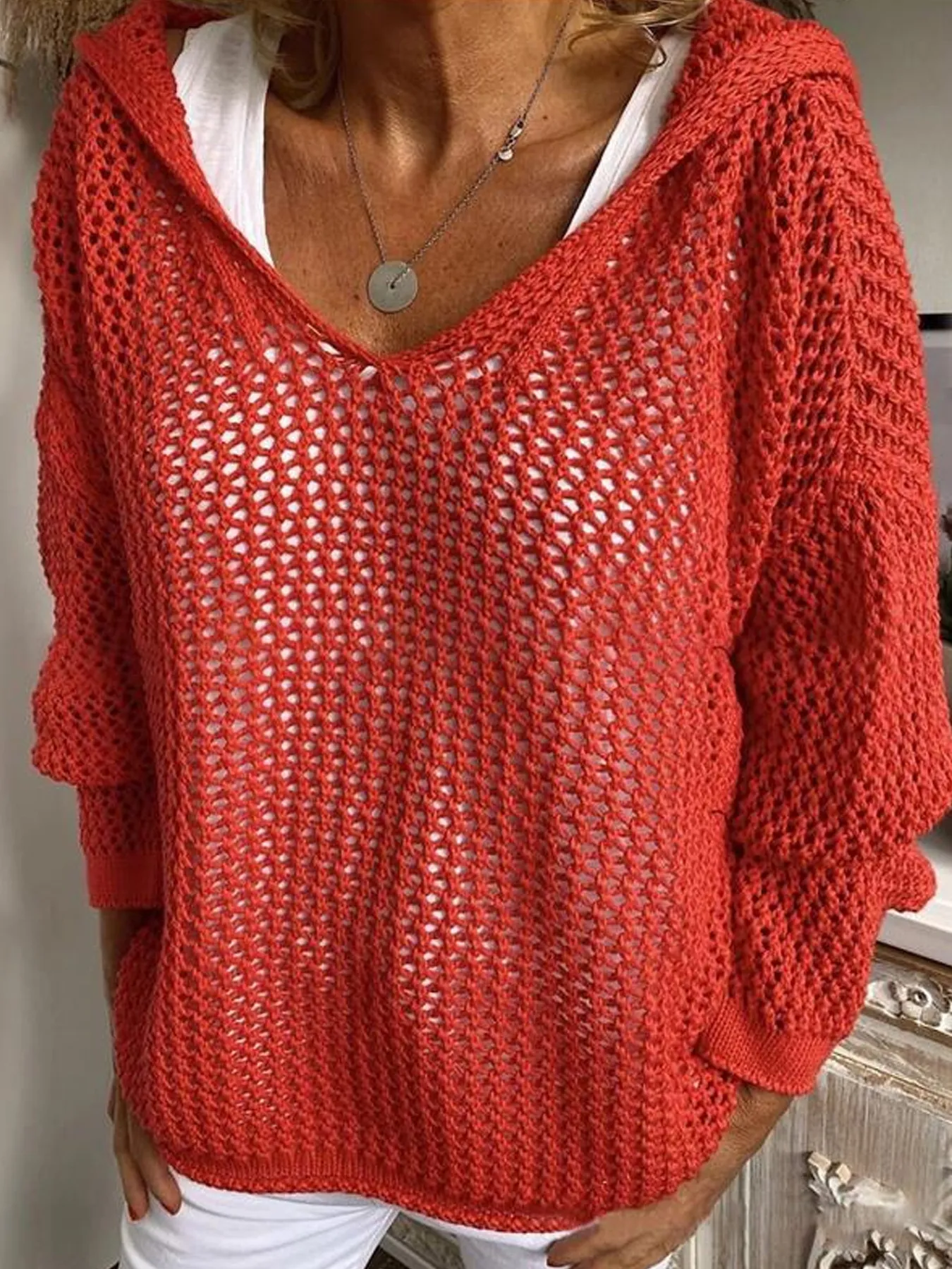 Openwork Long Sleeve Hooded Knit Cover Up - Image 13