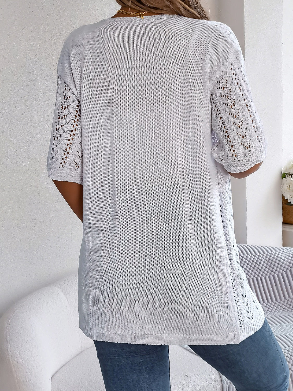 Openwork Open Front Half Sleeve Cardigan - Image 2