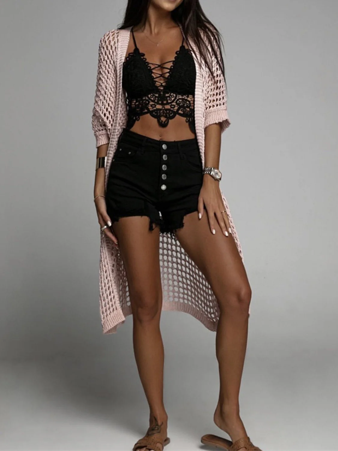 Openwork Open Front Three-Quarter Sleeve Cover Up - Image 7