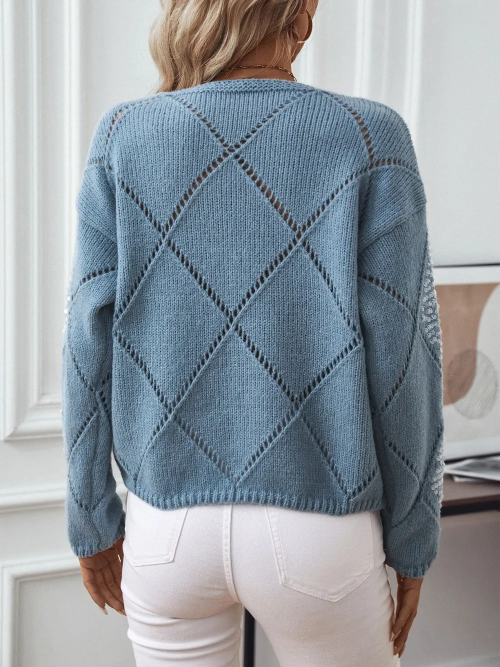 Openwork Round Neck Long Sleeve Knit Top - Image 2