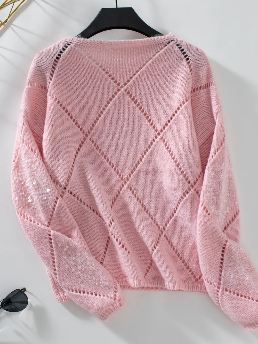 Openwork Round Neck Long Sleeve Knit Top - Image 8