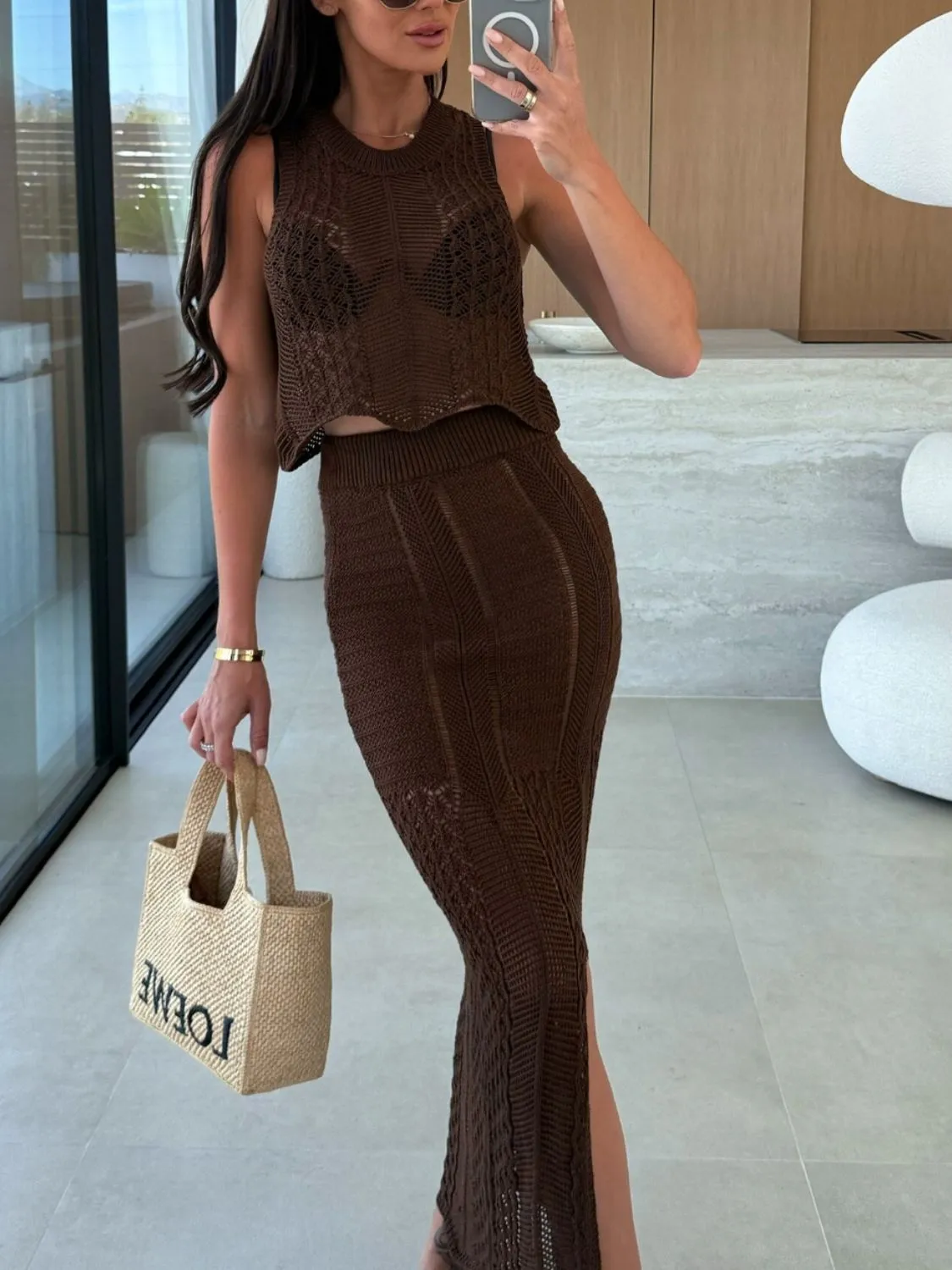 Openwork Round Neck Top and Slit Skirt Sweater Set - Image 11