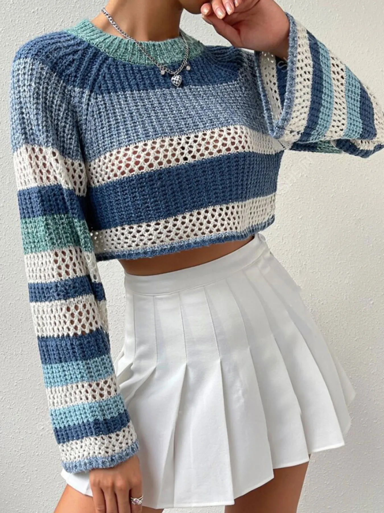 Openwork Striped Color Block Crop Sweater - Image 2