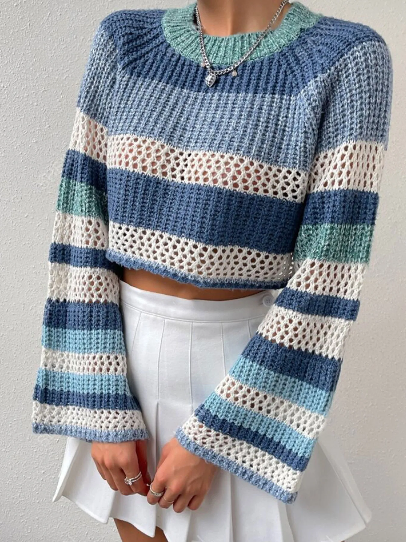 Openwork Striped Color Block Crop Sweater - Image 3