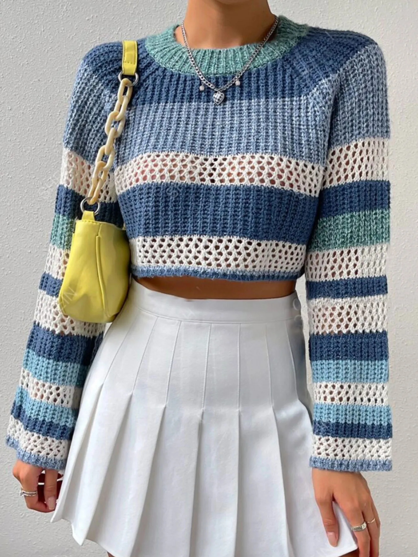 Openwork Striped Color Block Crop Sweater - Image 4