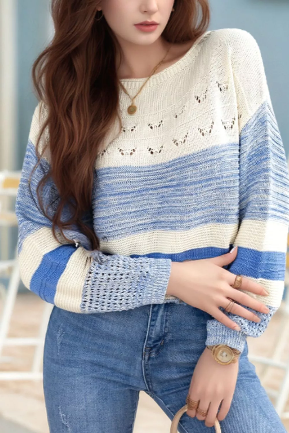 Openwork Striped Knit Long Sleeve Sweater - Image 2