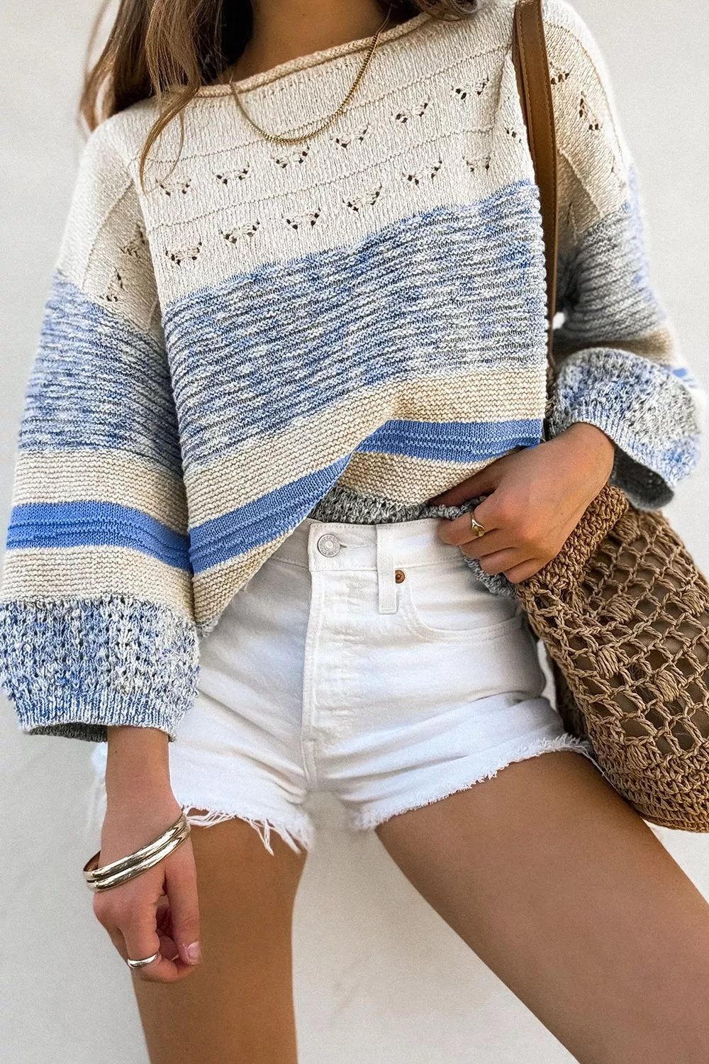 Openwork Striped Knit Long Sleeve Sweater - Image 3