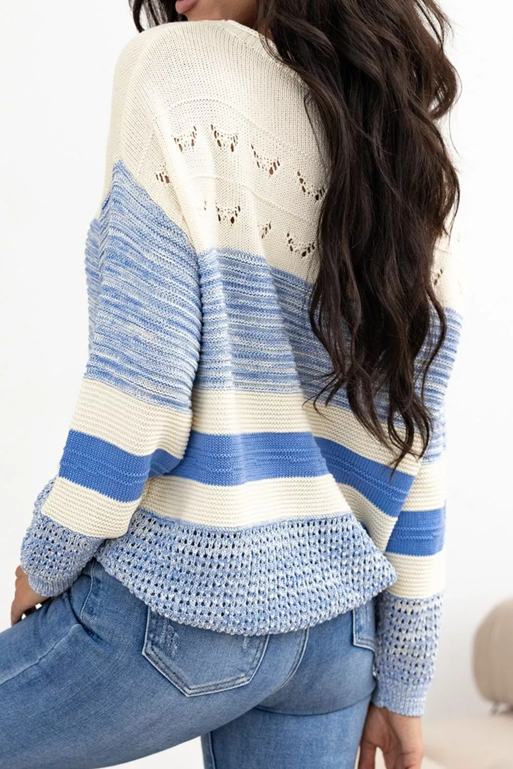 Openwork Striped Knit Long Sleeve Sweater - Image 5