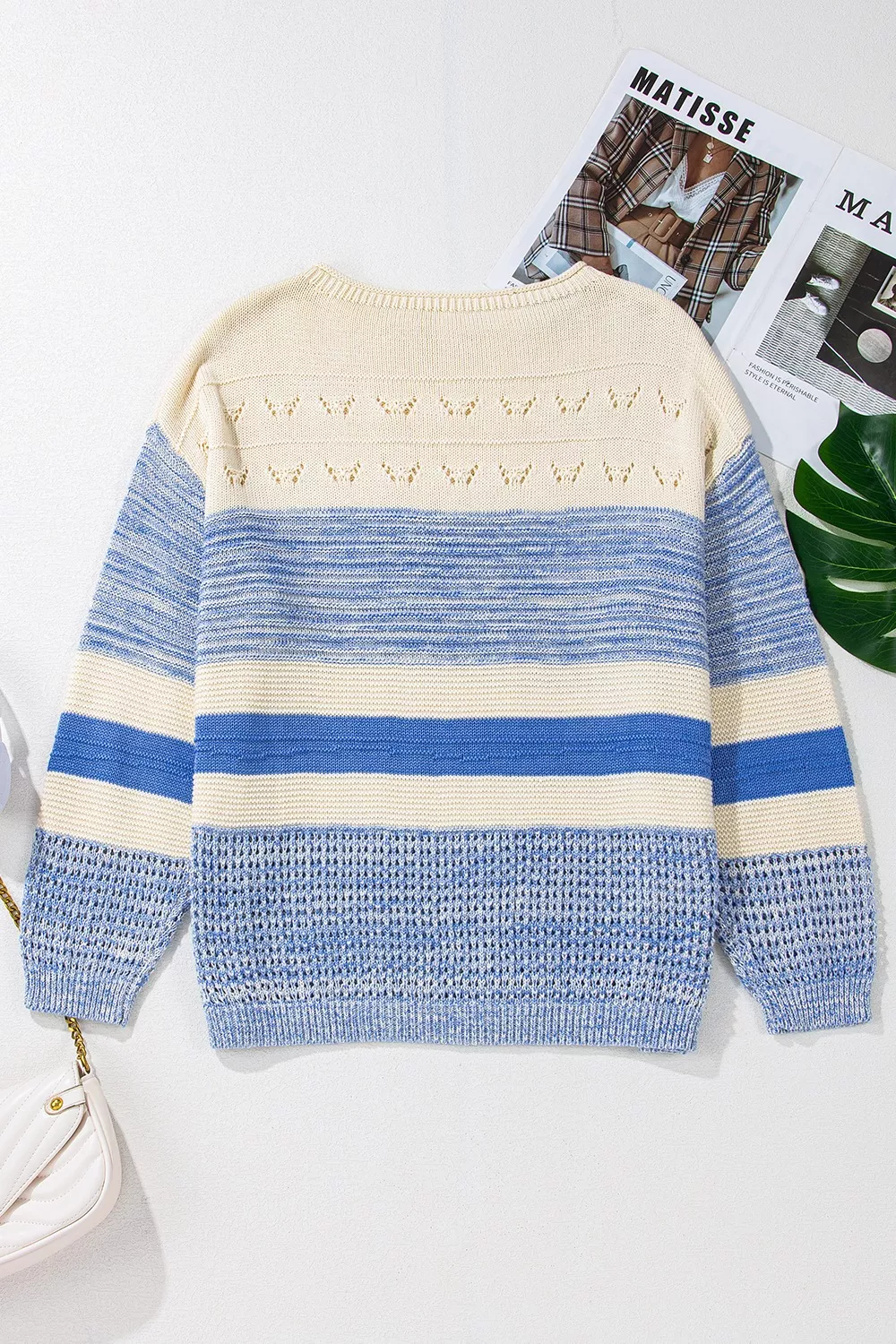 Openwork Striped Knit Long Sleeve Sweater - Image 7