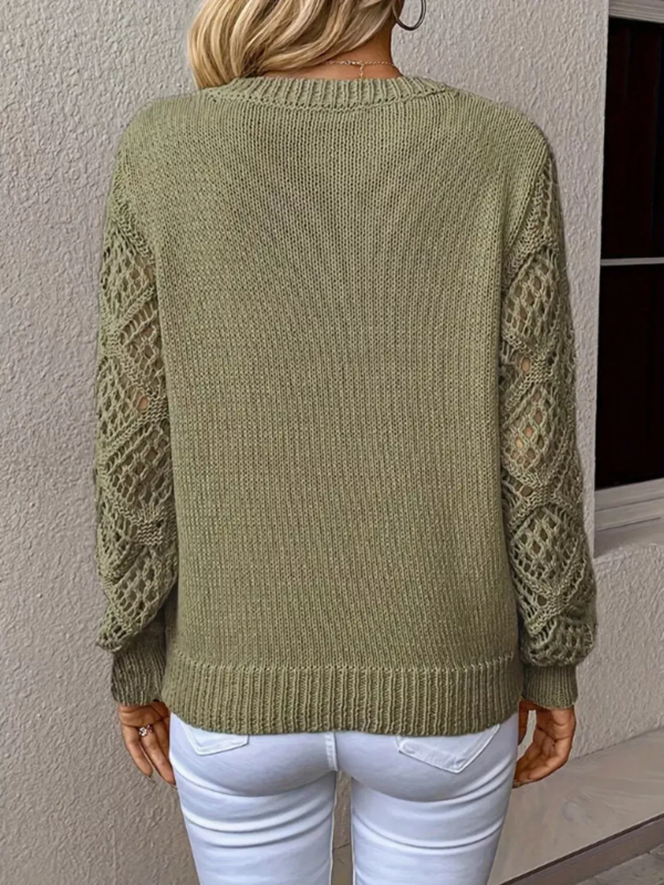 Openwork V-Neck Long Sleeve Sweater - Image 14