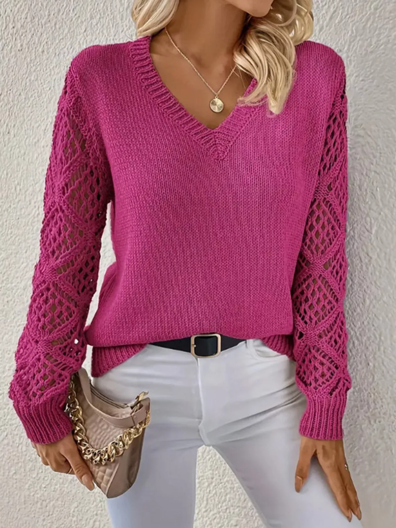 Openwork V-Neck Long Sleeve Sweater - Image 19