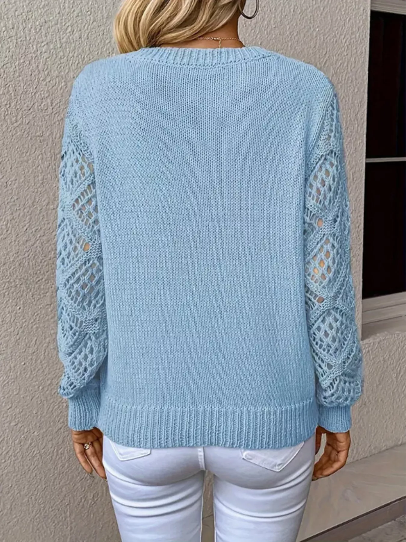 Openwork V-Neck Long Sleeve Sweater - Image 25
