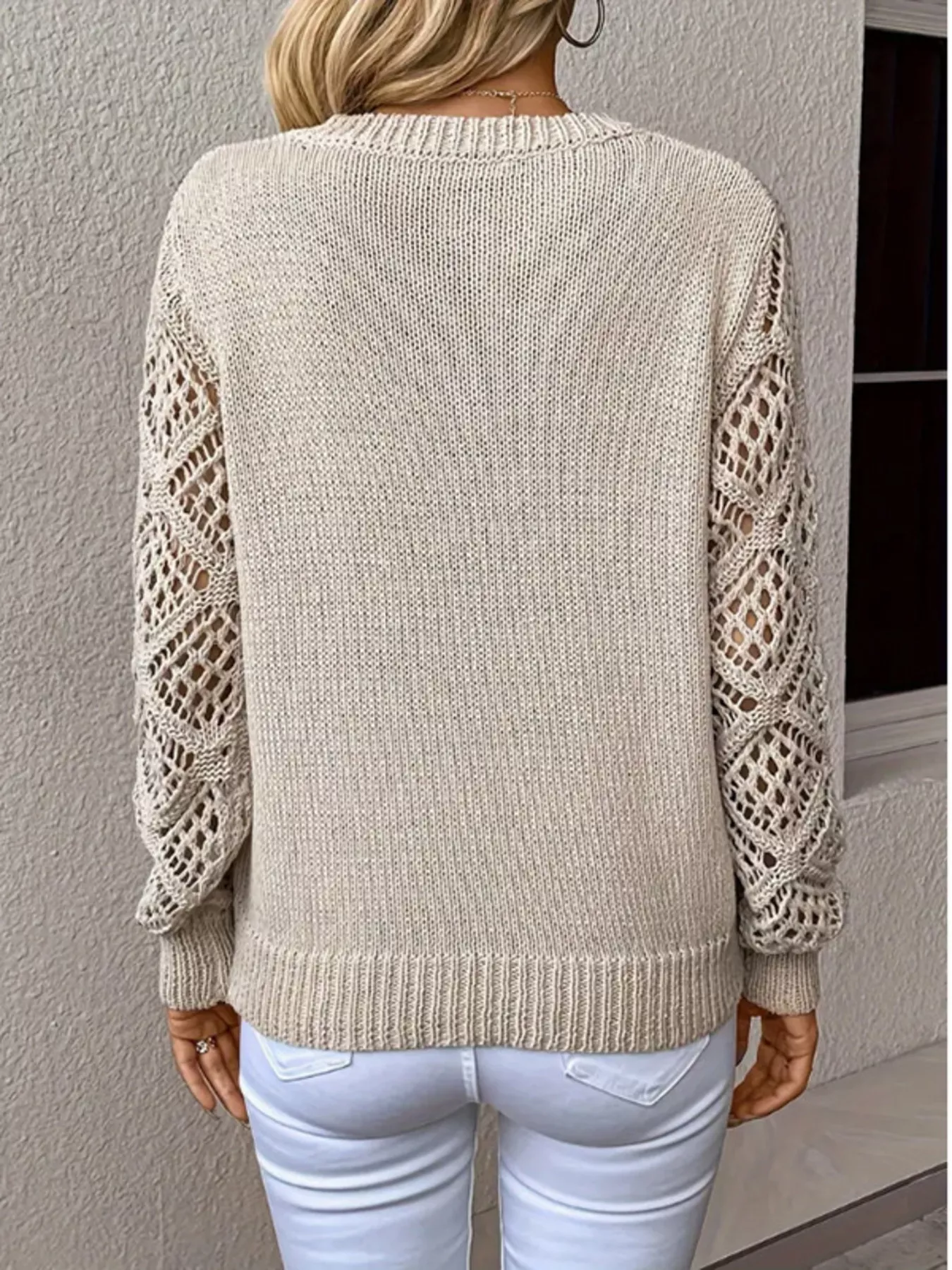 Openwork V-Neck Long Sleeve Sweater - Image 4