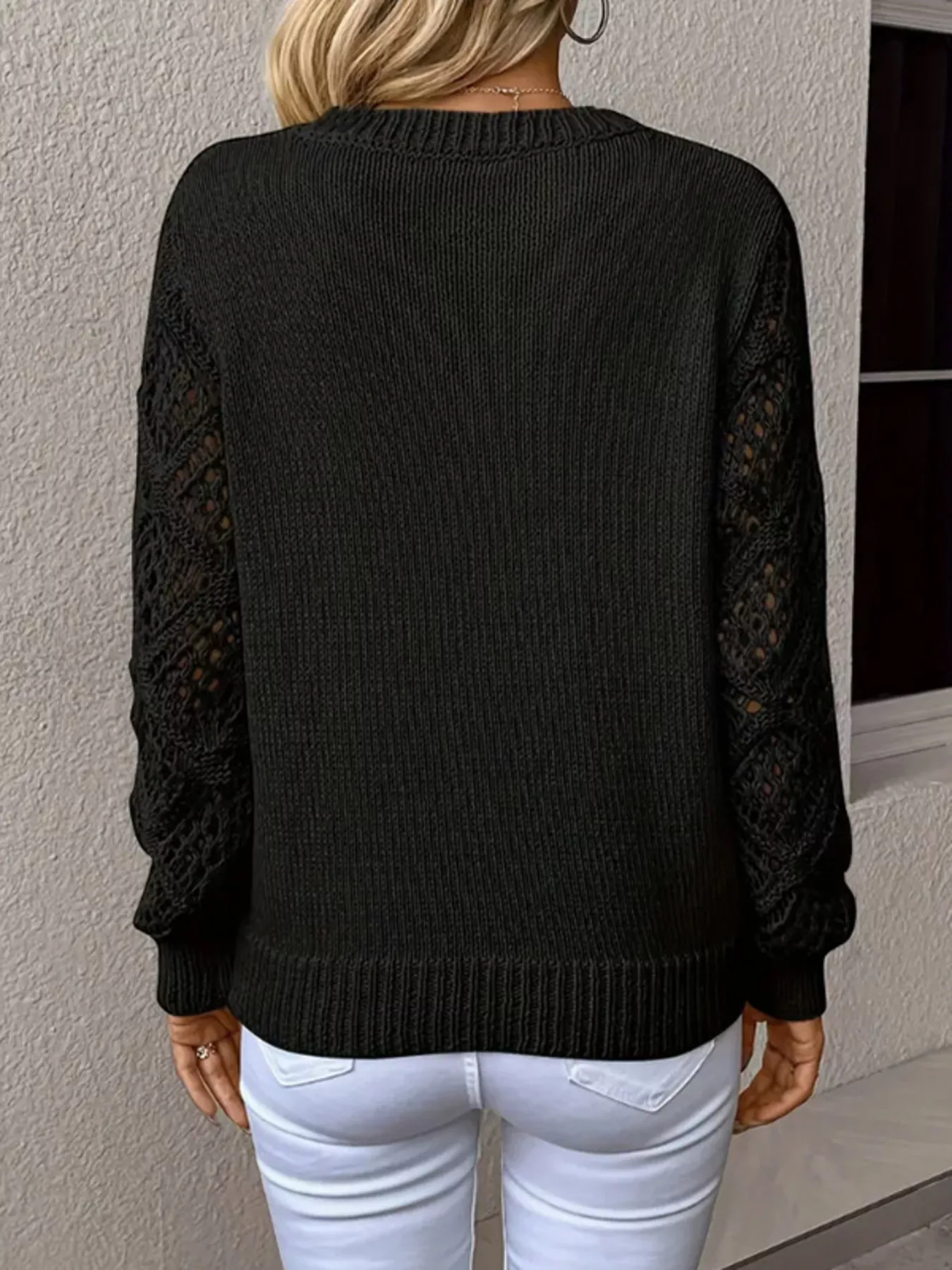 Openwork V-Neck Long Sleeve Sweater - Image 6