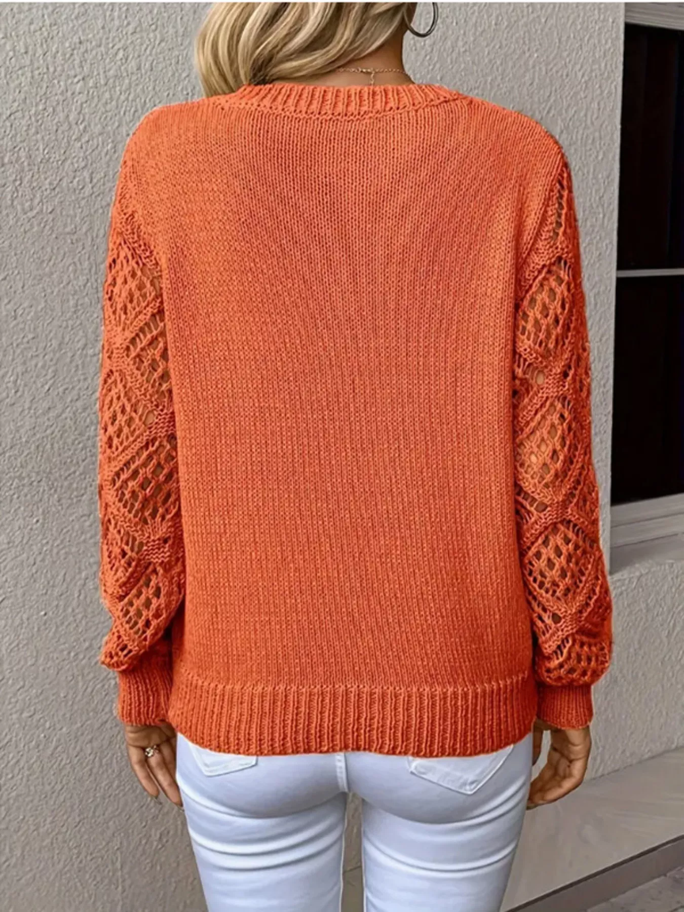 Openwork V-Neck Long Sleeve Sweater - Image 9