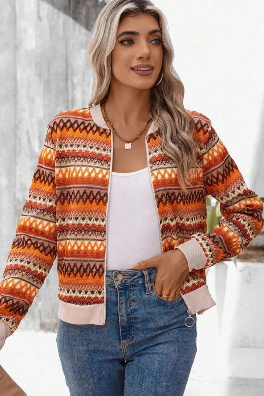 Orange Boho Striped Zip Up Long Sleeve Jacket - Image 5
