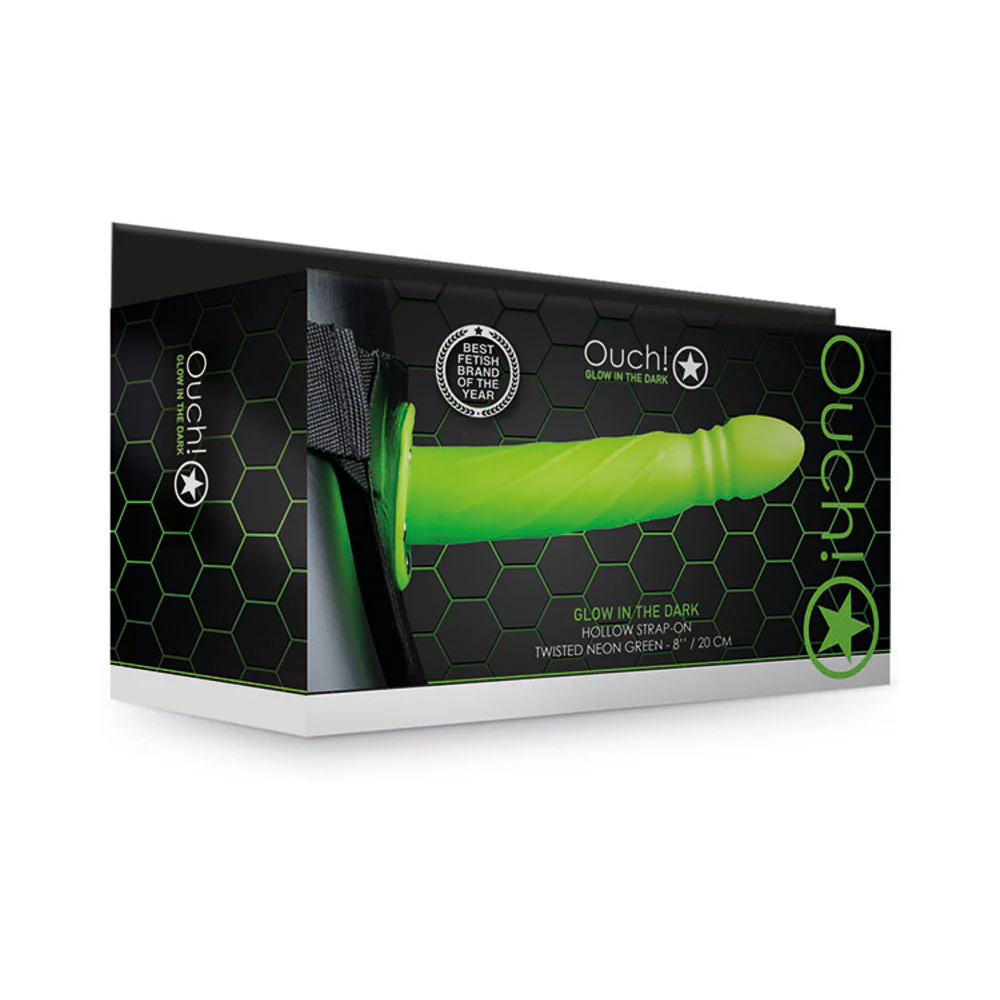 Ouch! Twisted 8 in. Glow in the Dark Hollow Strap-On Neon Green - Image 4