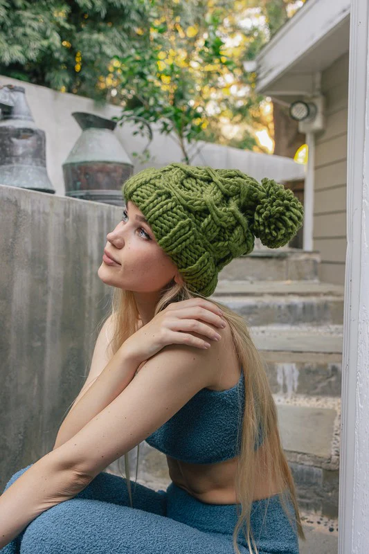 Oversized Chunky Knit Pom Beanie - Image 2