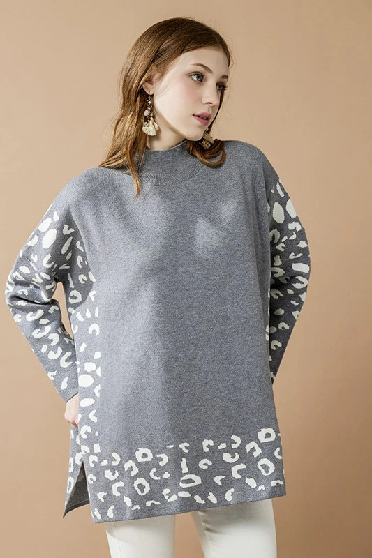 Oversized Mock Neck Leopard Print Sweater Tunic - Image 10
