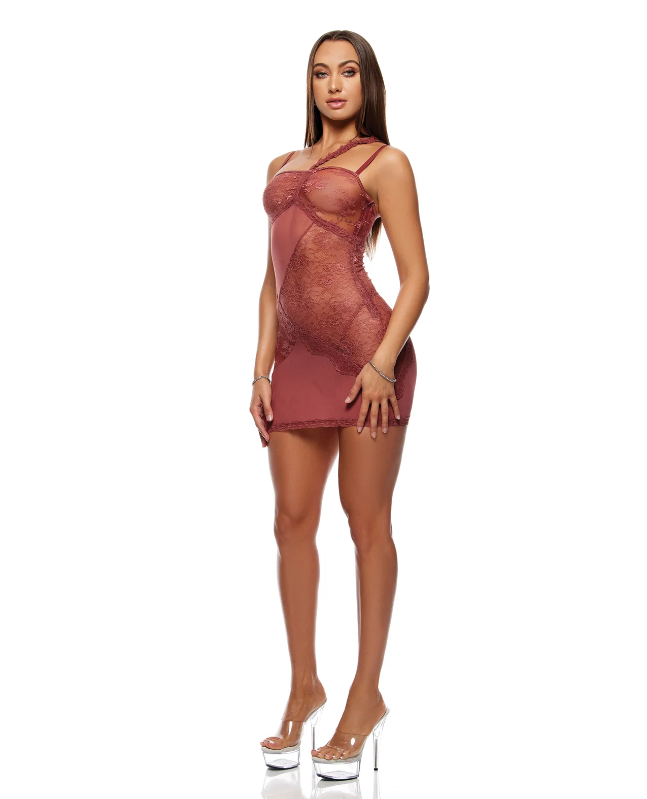 Patch of Petals Sheer Mesh and Lace Chemise w/Thong 2 pc Set - Mauve LG - Image 2