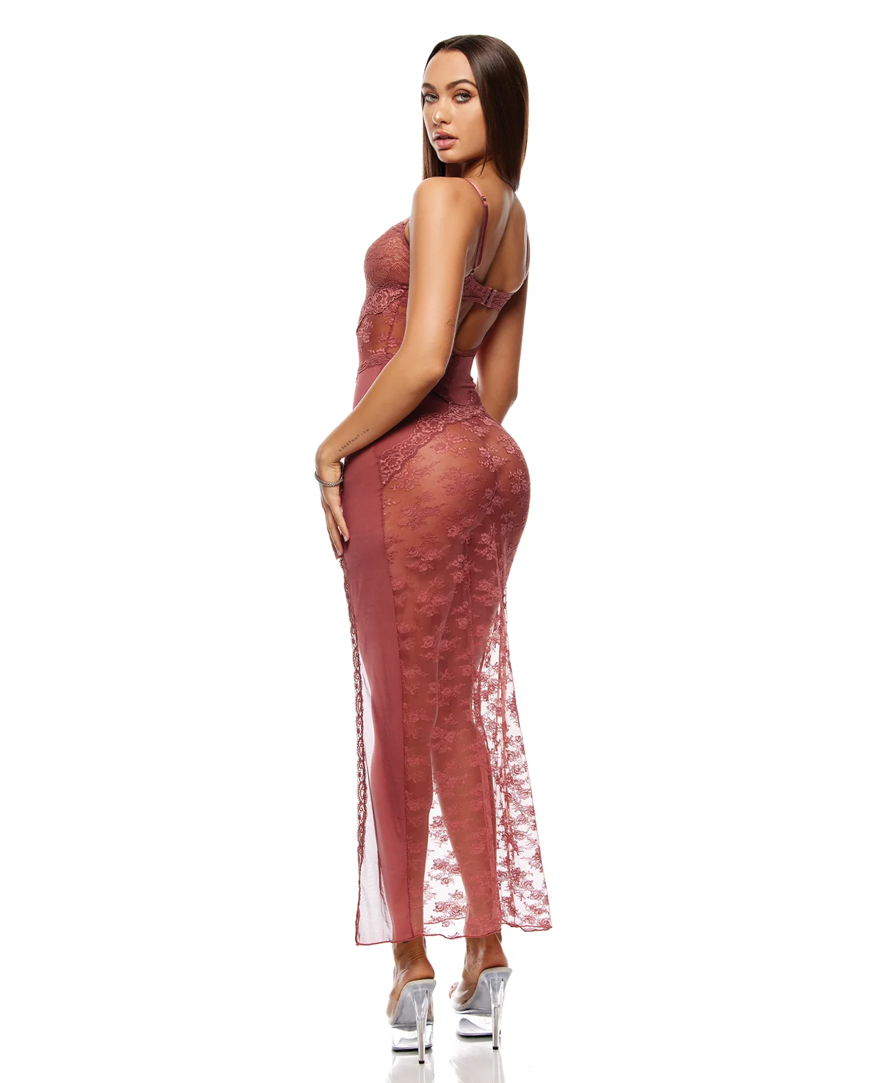 Patch of Petals Sheer Mesh and Lace Gown w/Thong 2 pc Set - Mauve LG - Image 3