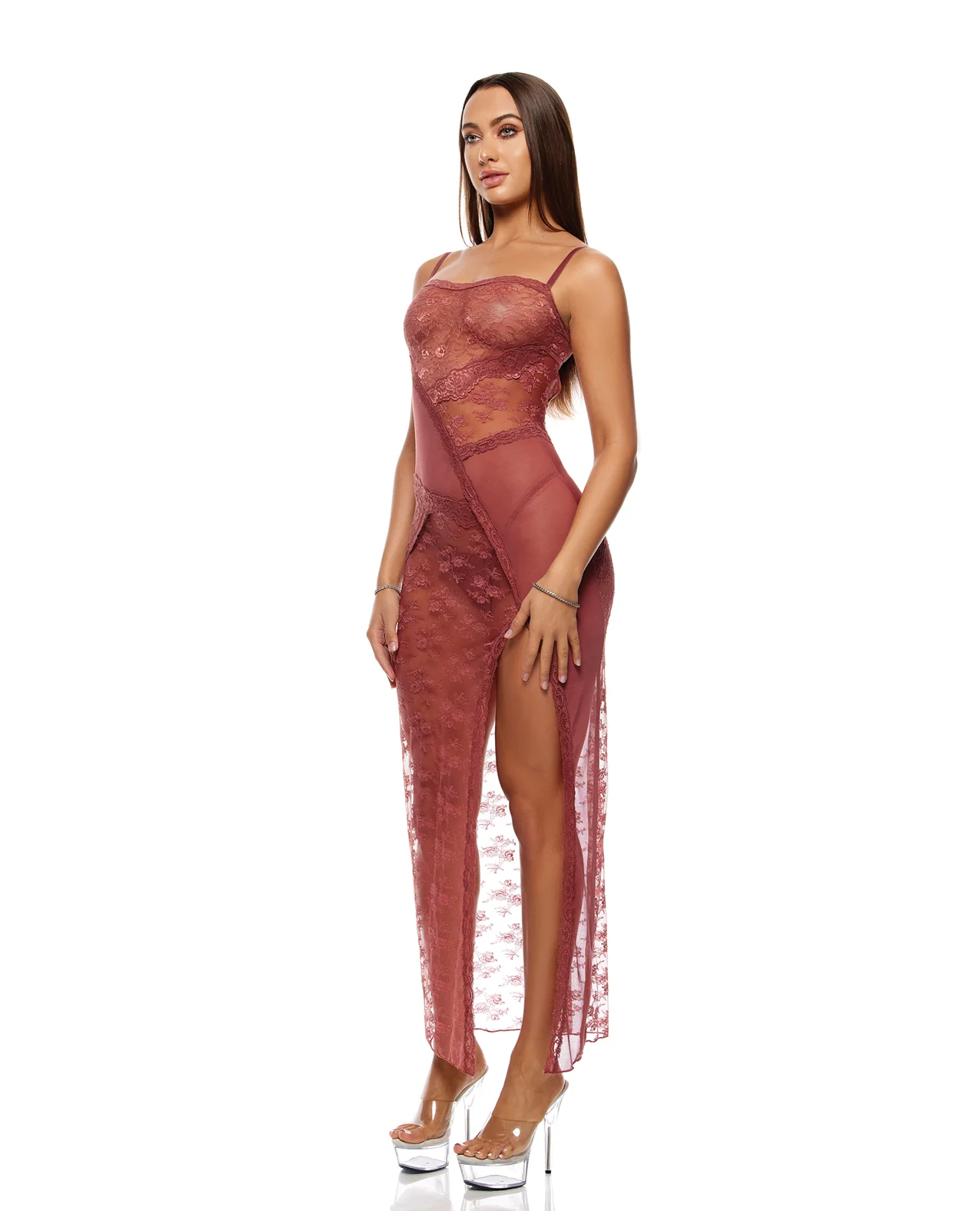Patch of Petals Sheer Mesh and Lace Gown w/Thong 2 pc Set - Mauve XL - Image 2
