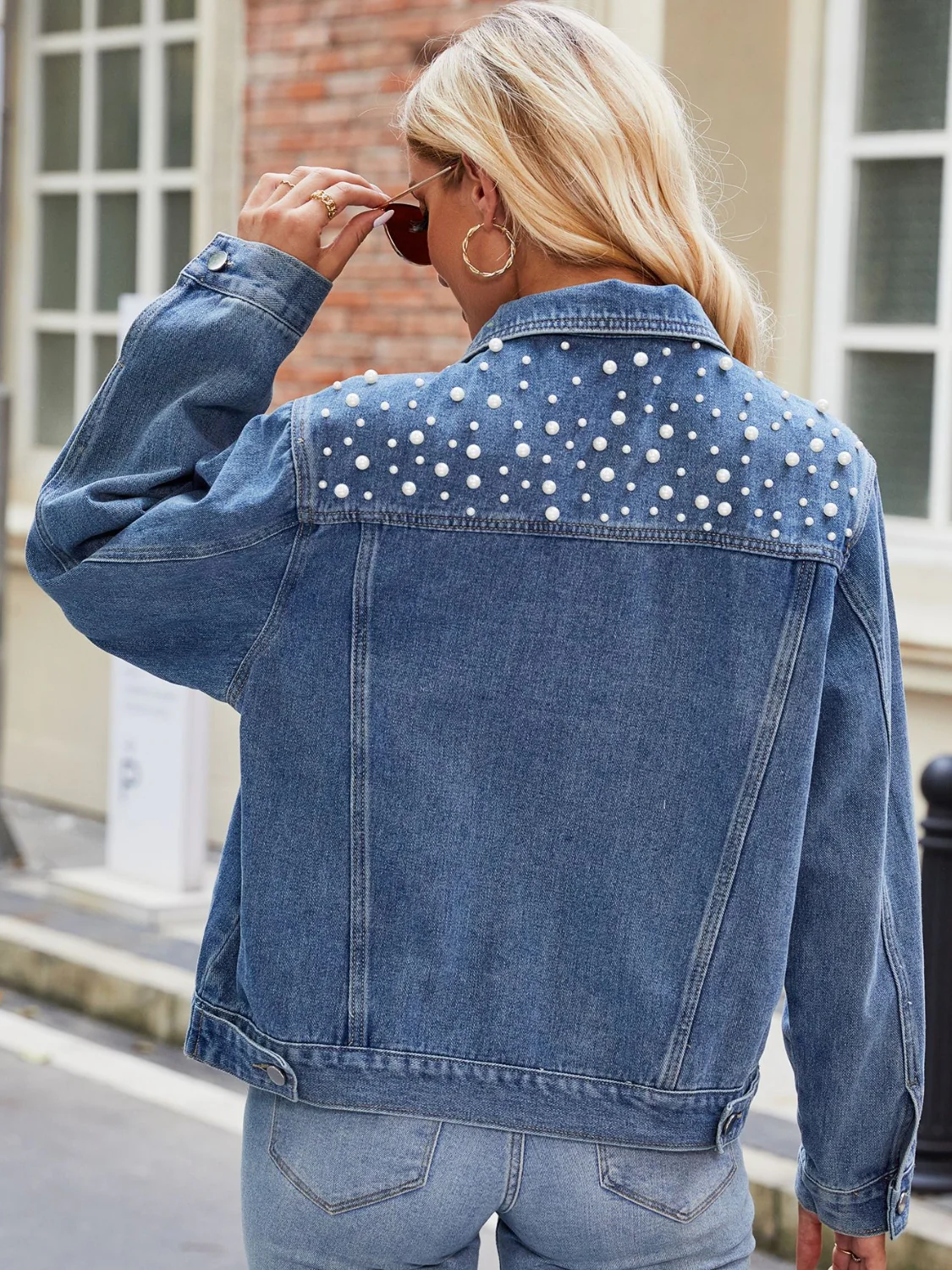 Pearl Detail Collared Neck Long Sleeve Denim Jacket - Image 7