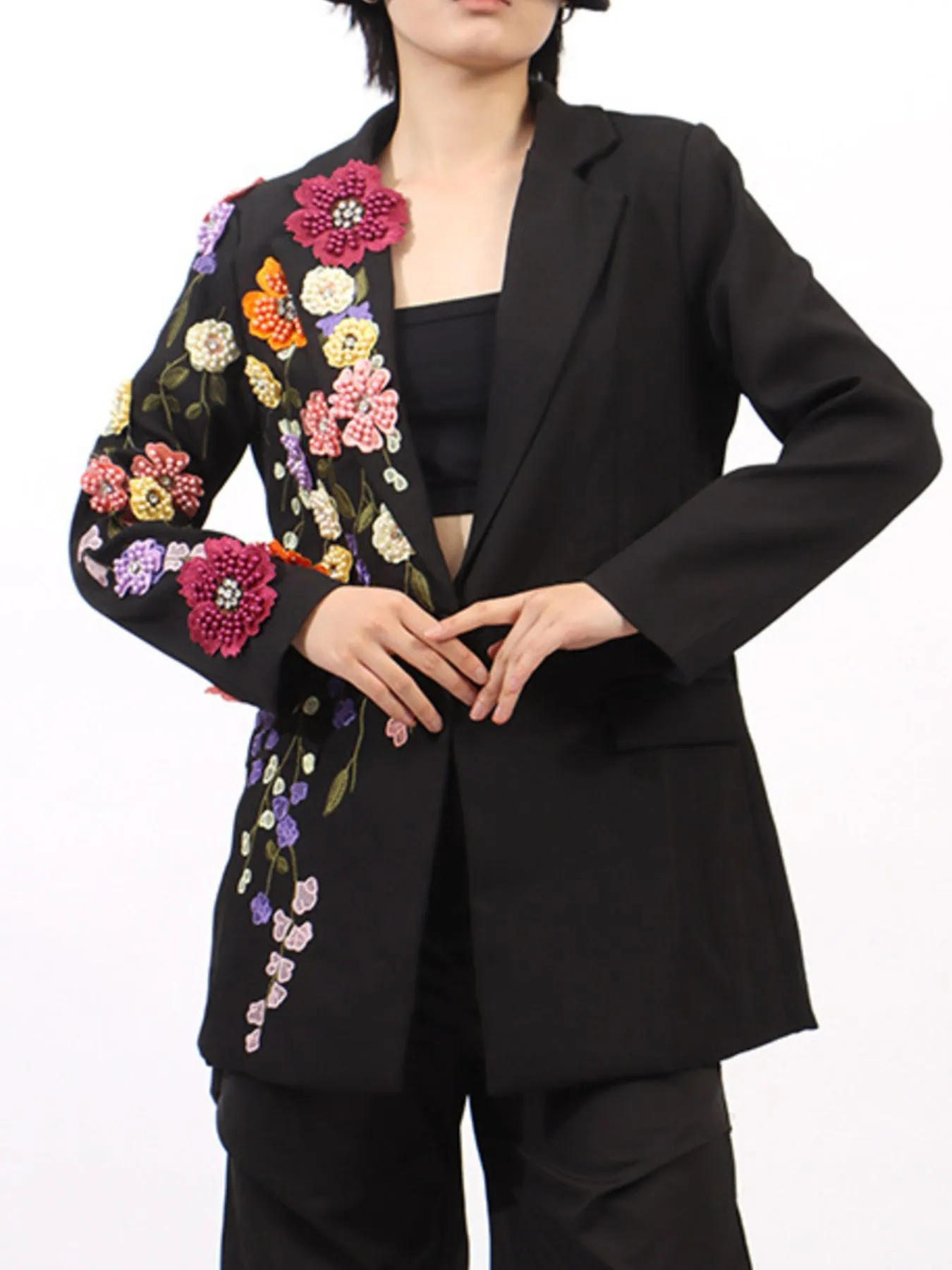 Pearl Detail Flower Lapel Collar Blazer - Image 3