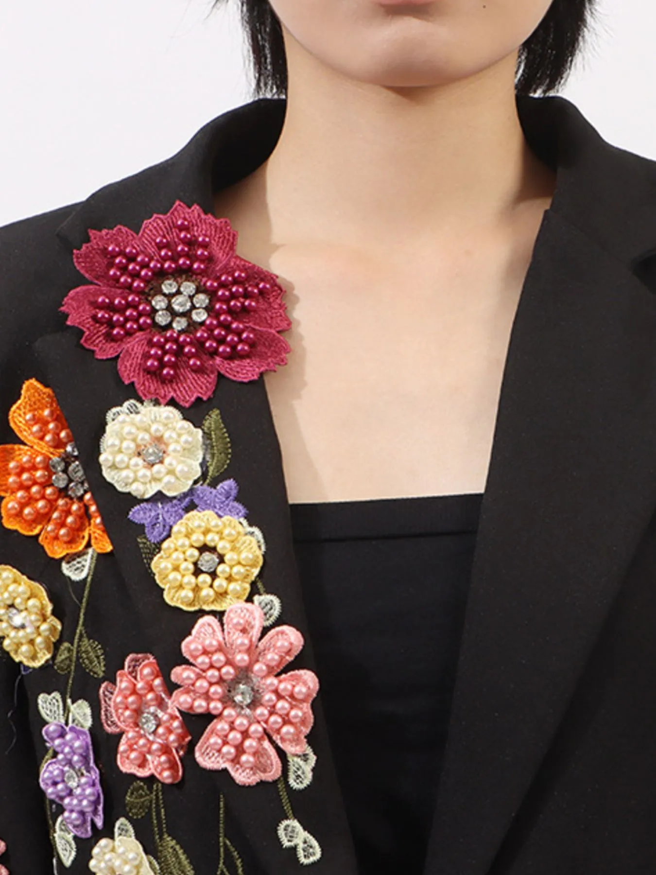 Pearl Detail Flower Lapel Collar Blazer - Image 8