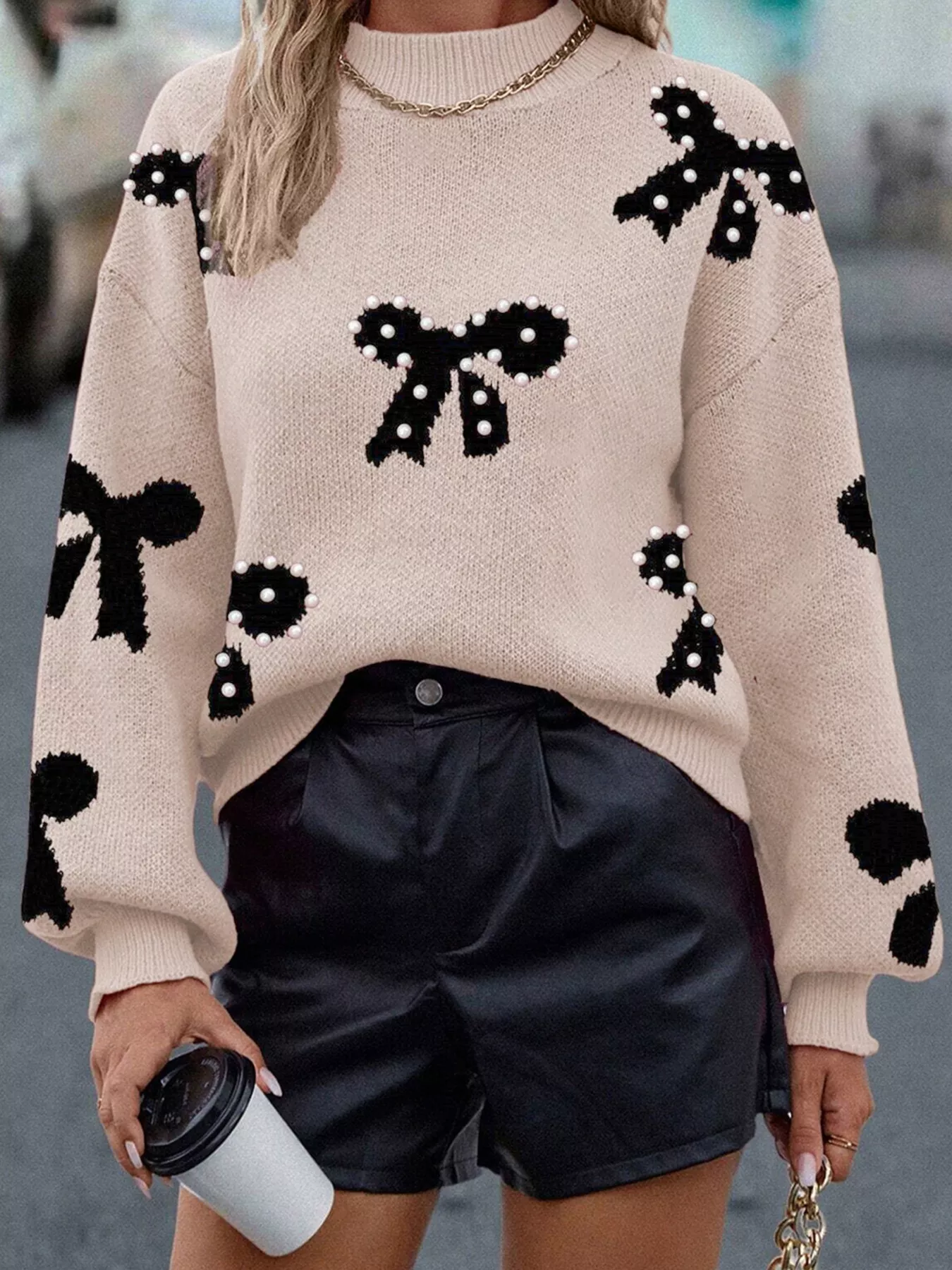Pearl Embellished Bow Pattern Loose Sweater