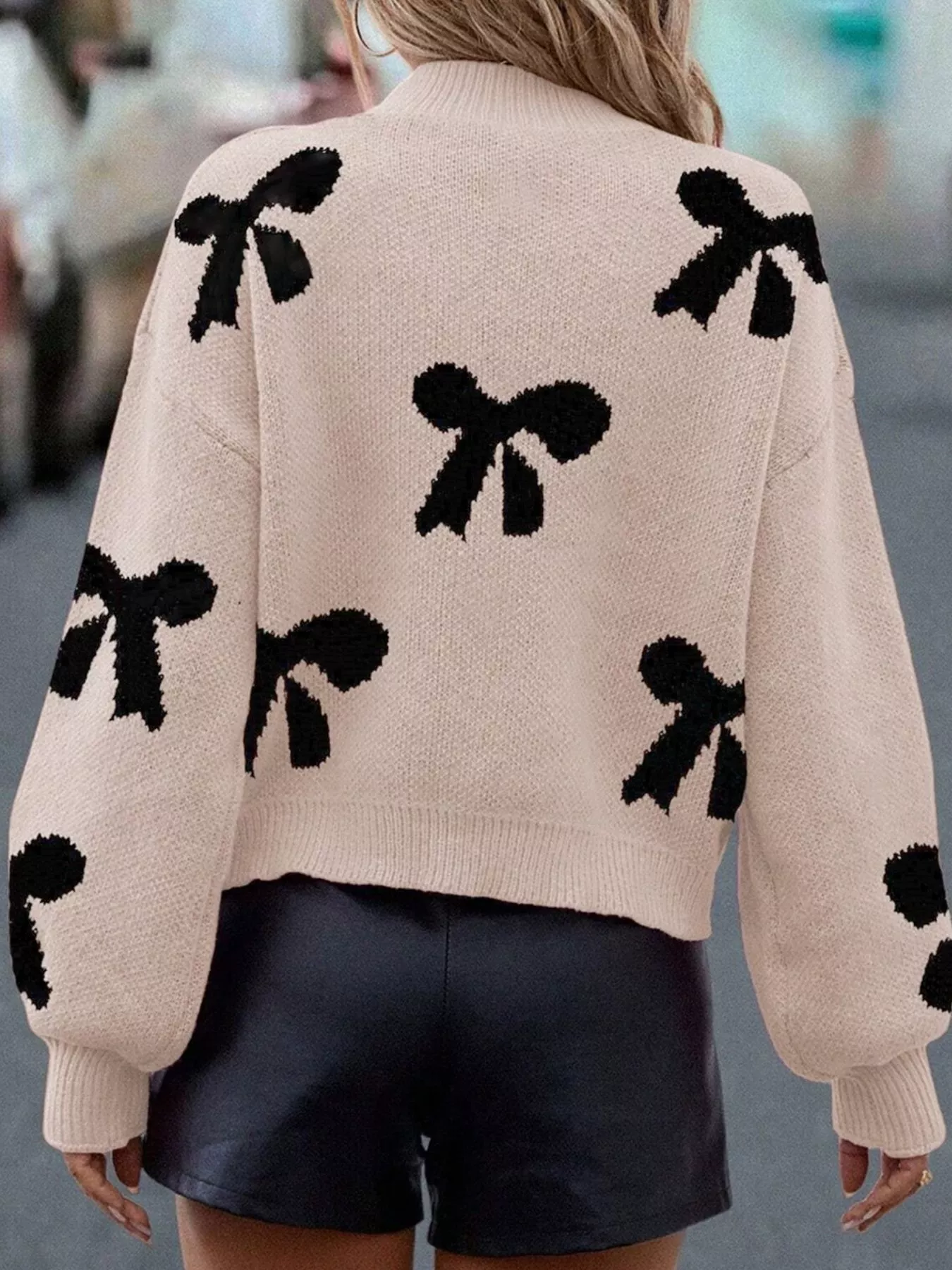 Pearl Embellished Bow Pattern Loose Sweater - Image 2
