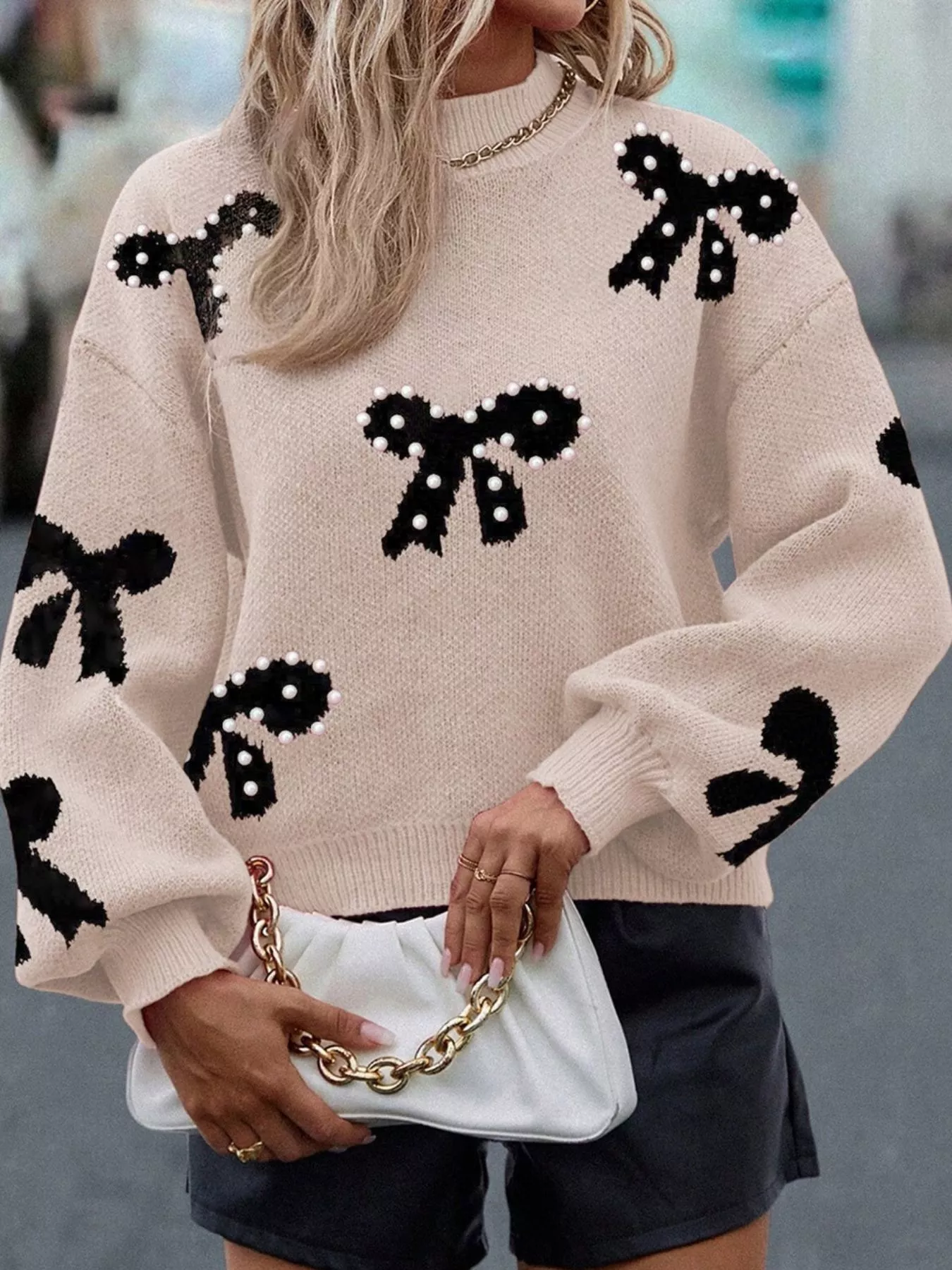 Pearl Embellished Bow Pattern Loose Sweater - Image 3