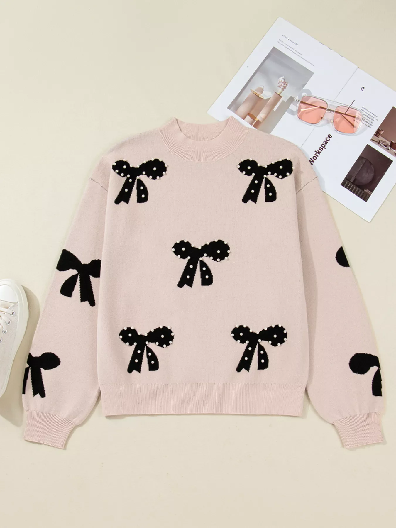 Pearl Embellished Bow Pattern Loose Sweater - Image 4