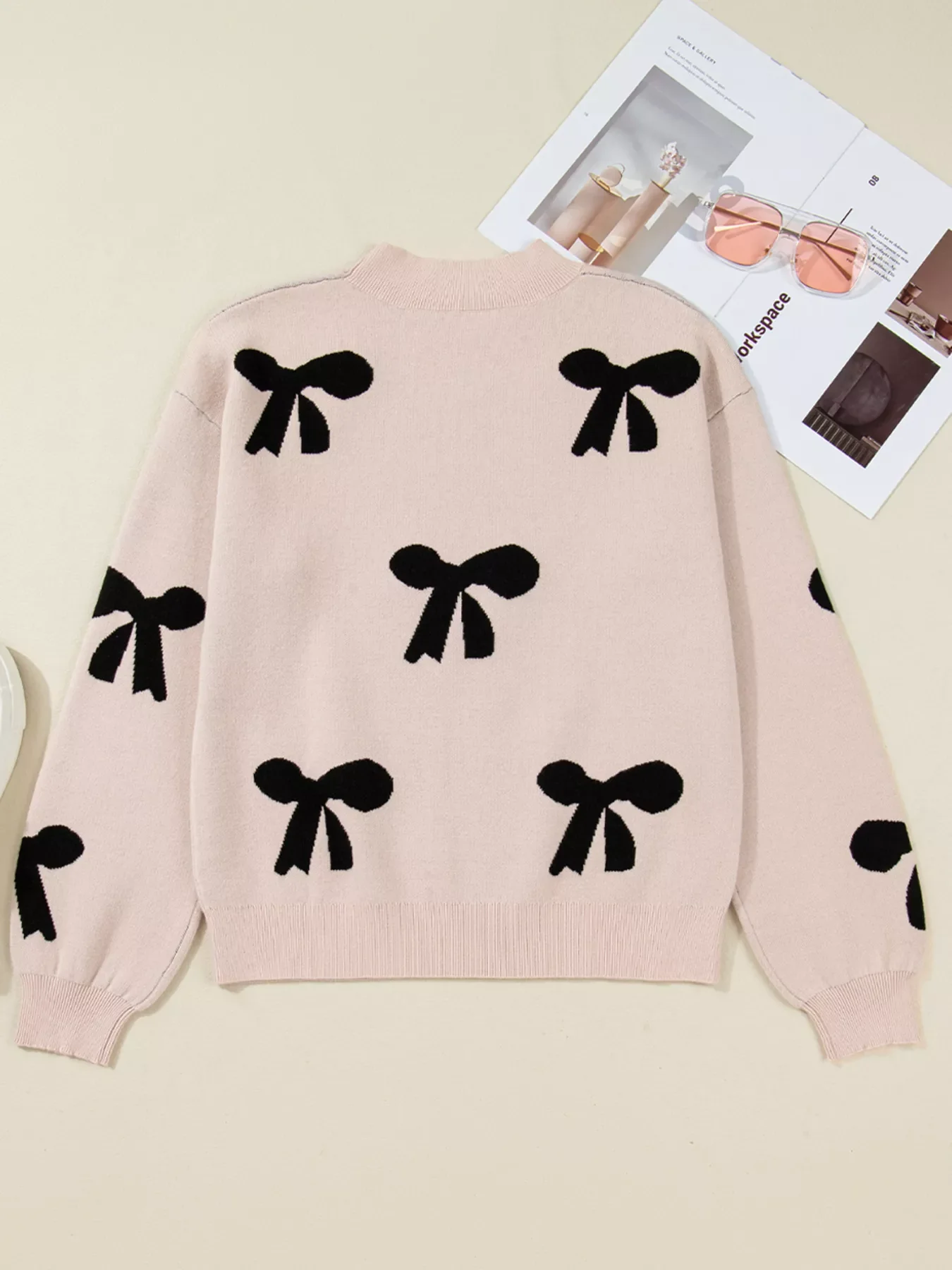 Pearl Embellished Bow Pattern Loose Sweater - Image 5