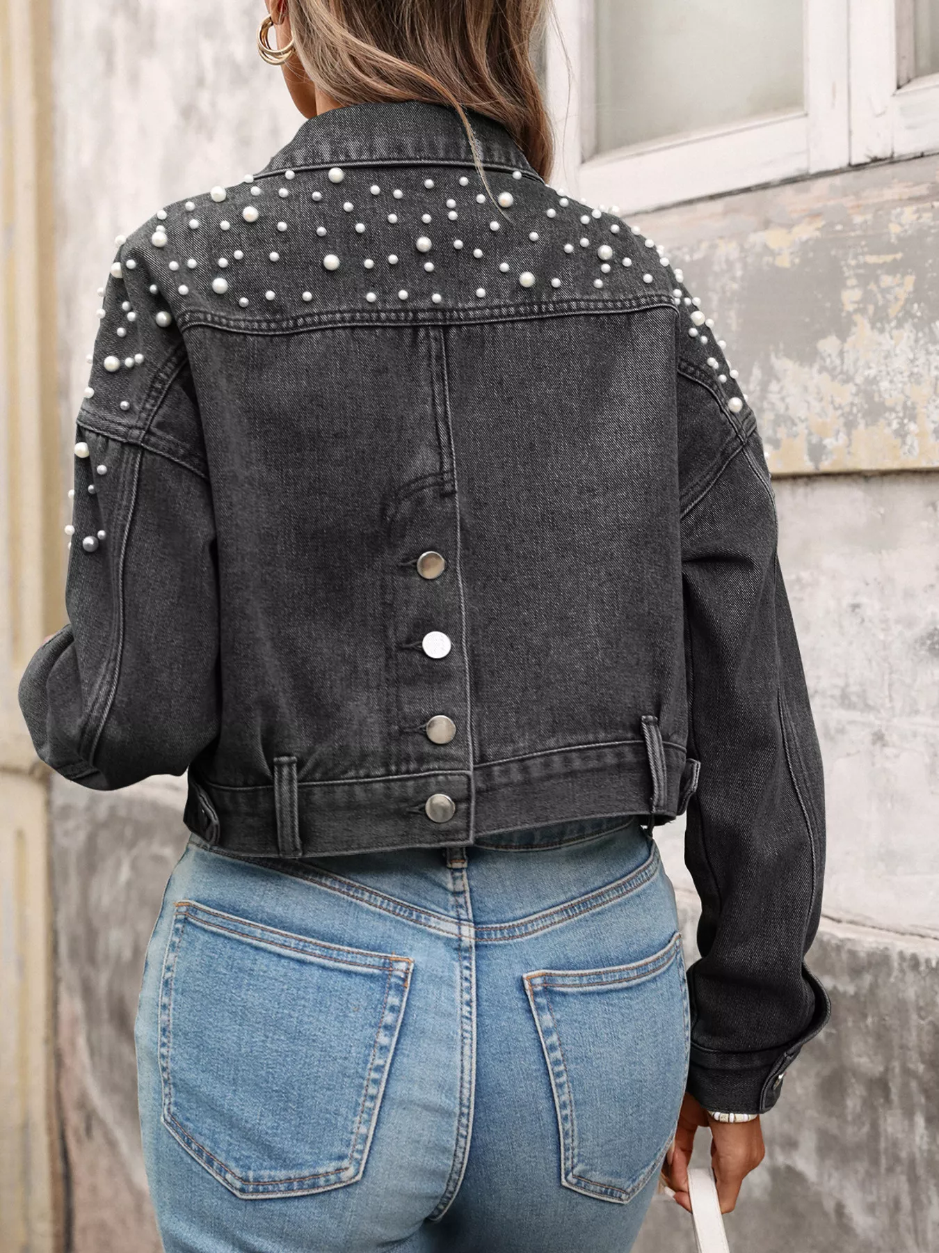 Pearl Embellished Cropped Denim Jacket - Image 11