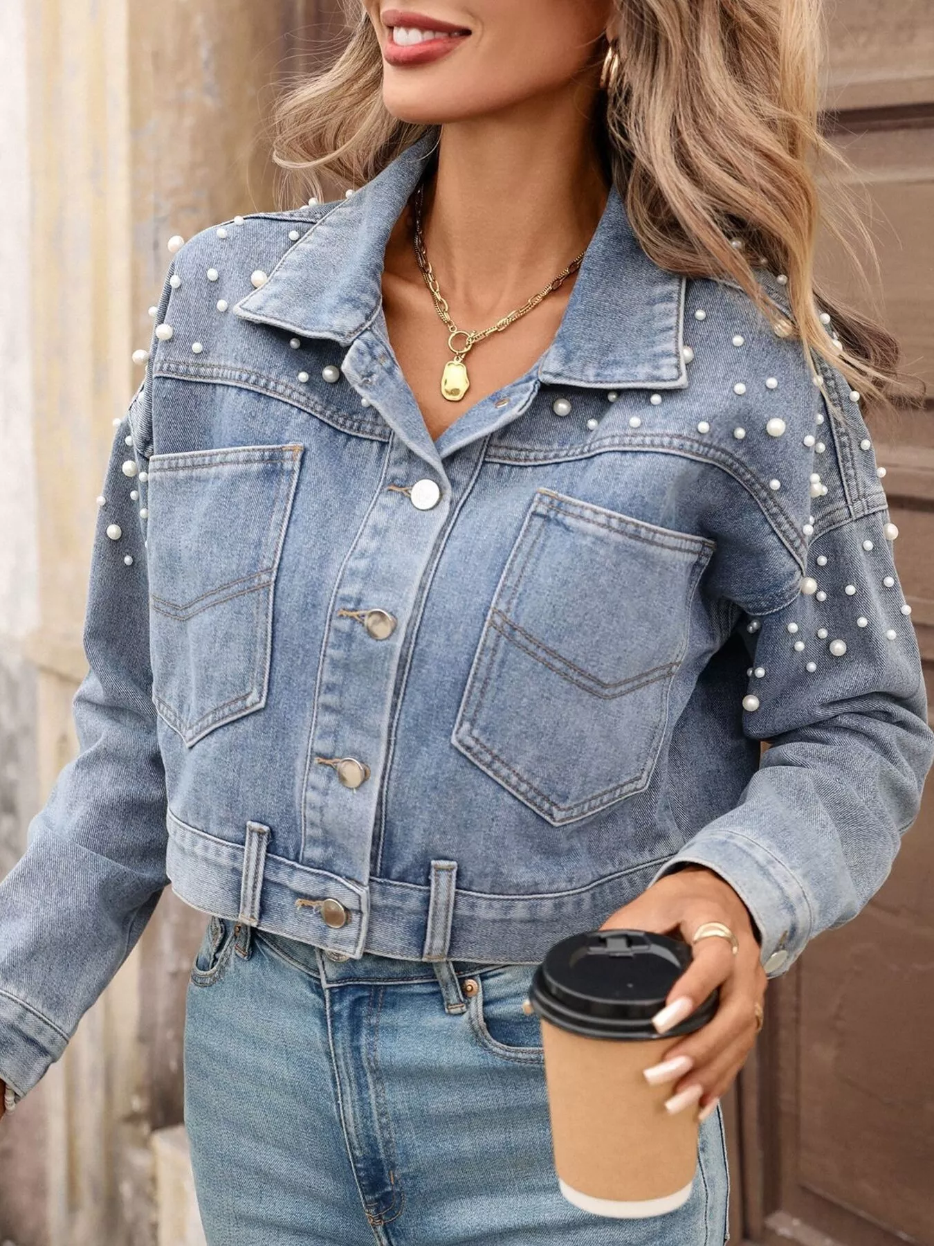 Pearl Embellished Cropped Denim Jacket - Image 2