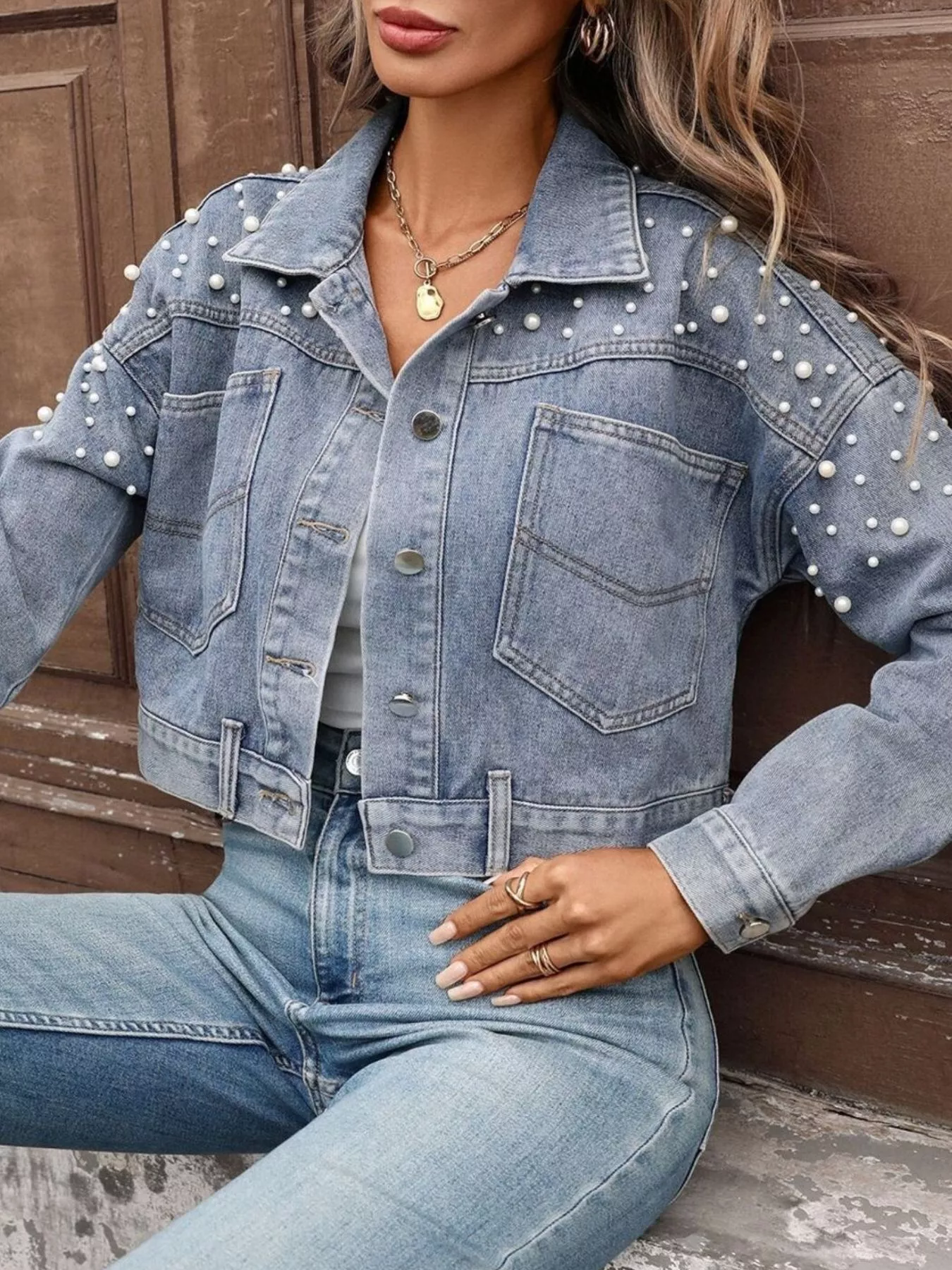 Pearl Embellished Cropped Denim Jacket - Image 6