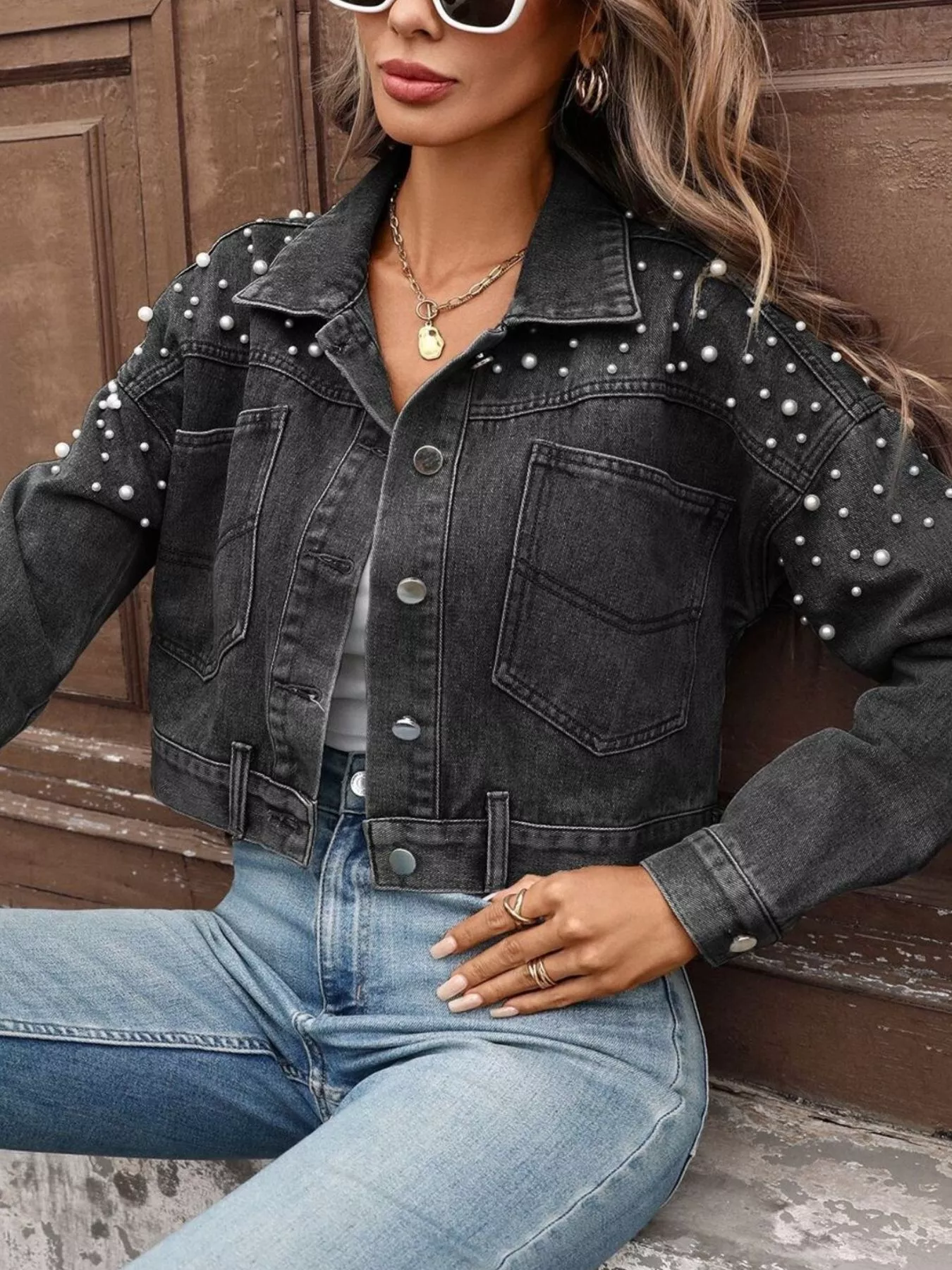 Pearl Embellished Cropped Denim Jacket - Image 8
