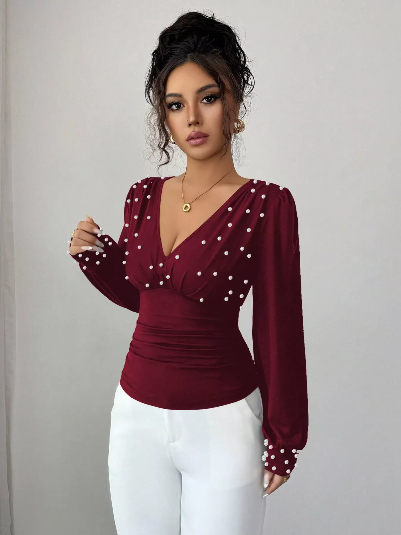 Pearl Embellished V-Neck Blouse - Image 4